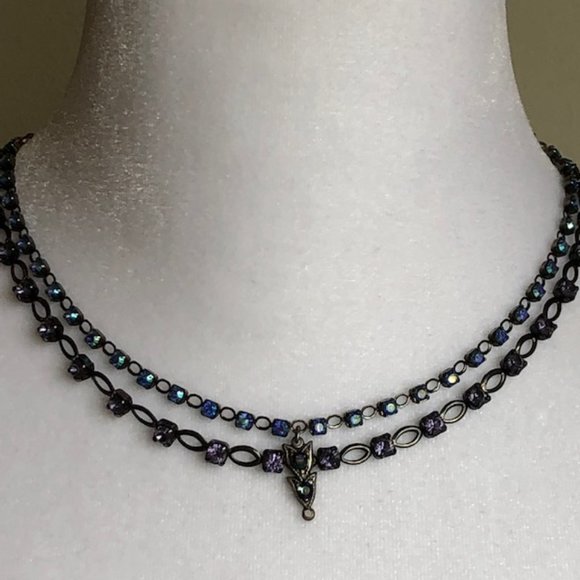 Clara Beau Jewelry - CLARA BEAU Signed 2 Tier Blue Purple Swarovski Crystal Mosaic Choker Necklace RA